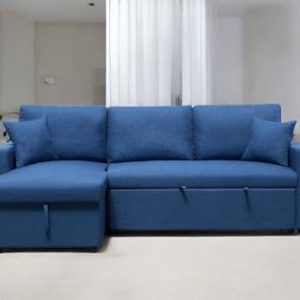 Home Mart Outlet Modern L-Shaped Convertible Sofa with Storage, Dark Grey Fabric Upholstered Sectional Couch with Chaise for Living Room, Space-Saving Sleeper Sofa Bed with Comfortable Cushions (Blue)