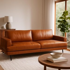 3 Seater Genuine Leather Sofa – Modern Mid-Century Style Couch with Full Cowhide Upholstery, Wide Armrests & Metal Legs – Natural Tan Color – Living Room Furniture