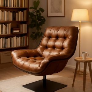 Luxury Swivel Lounge Chair in Full Cowhide Leather – Natural Leather Furniture | Ergonomic Design | Tufted Cushion Seat | Modern Accent Chair for Living Room & Bedroom – 800×890×990mm