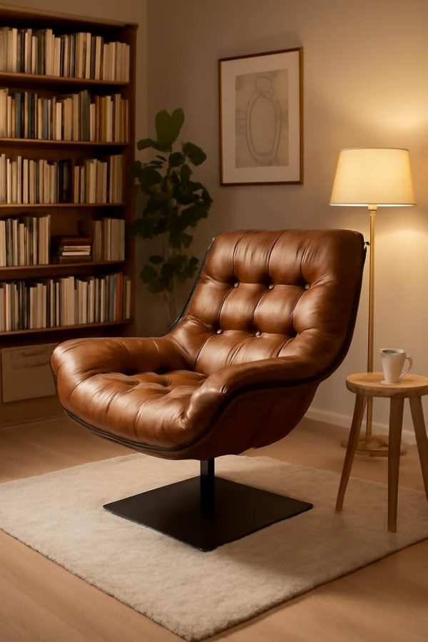 Luxury Swivel Lounge Chair in Full Cowhide Leather – Natural Leather Furniture | Ergonomic Design | Tufted Cushion Seat | Modern Accent Chair for Living Room & Bedroom – 800×890×990mm