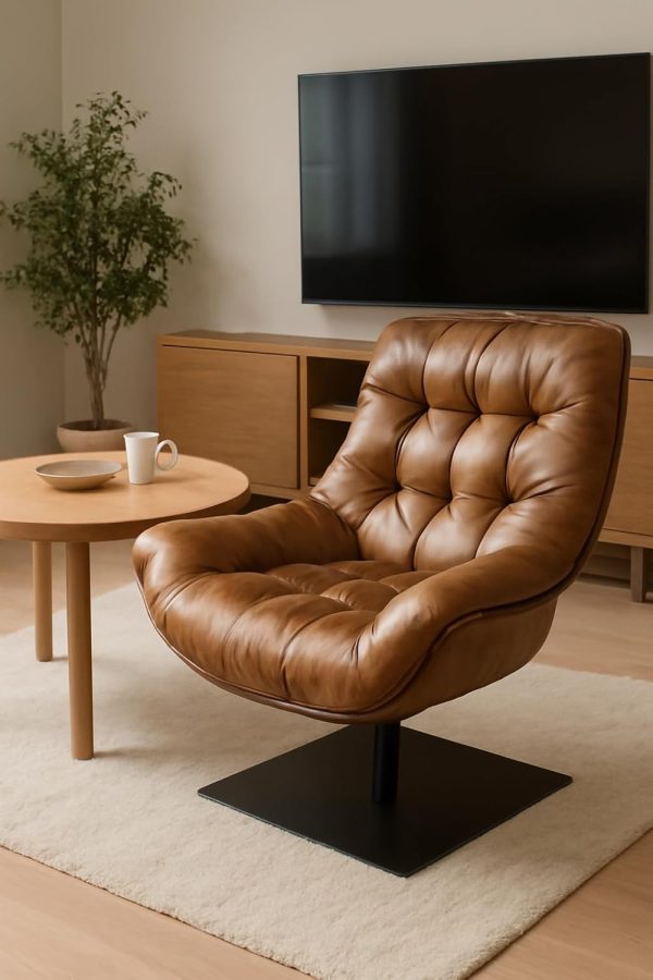 Luxury Swivel Lounge Chair in Full Cowhide Leather – Natural Leather Furniture | Ergonomic Design | Tufted Cushion Seat | Modern Accent Chair for Living Room & Bedroom – 800×890×990mm - Image 2