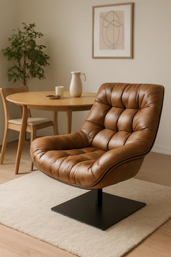 Luxury Swivel Lounge Chair in Full Cowhide Leather – Natural Leather Furniture | Ergonomic Design | Tufted Cushion Seat | Modern Accent Chair for Living Room & Bedroom – 800×890×990mm - Image 3