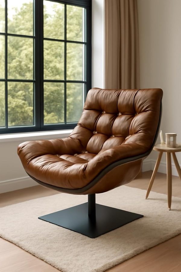 Luxury Swivel Lounge Chair in Full Cowhide Leather – Natural Leather Furniture | Ergonomic Design | Tufted Cushion Seat | Modern Accent Chair for Living Room & Bedroom – 800×890×990mm - Image 4