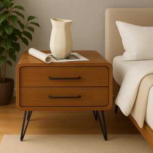 Home Mart Bedside Table – Modern Wooden Side Table with 2 Drawers & Metal Legs, Nightstand for Bedroom Décor – Minimalist & Durable Bedside Storage Unit