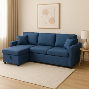 Home Mart Outlet Modern L-Shaped Convertible Sofa with Storage, Dark Grey Fabric Upholstered Sectional Couch with Chaise for Living Room, Space-Saving Sleeper Sofa Bed with Comfortable Cushions (Blue)