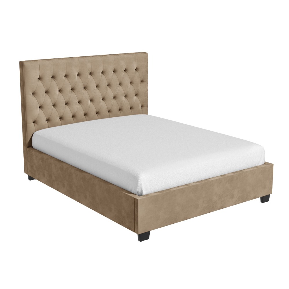 Home Mart Beige Velvet Small Double Ottoman Bed with Chesterfield Headboard - Image 2