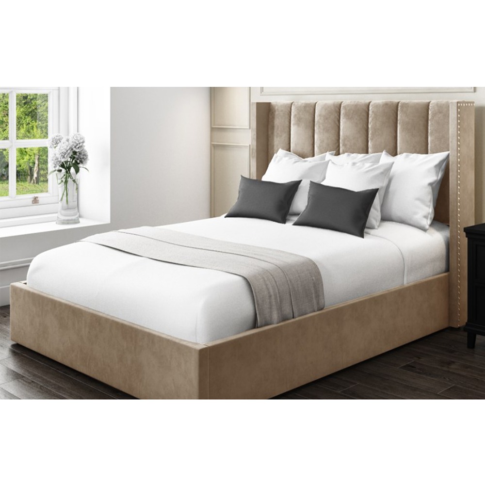 Home Mart Beige Wing Back Velvet Bed - Image 2