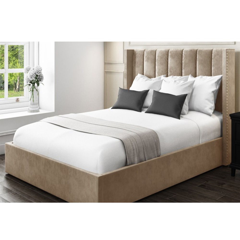 Home Mart Beige Wing Back Velvet Bed - Image 5