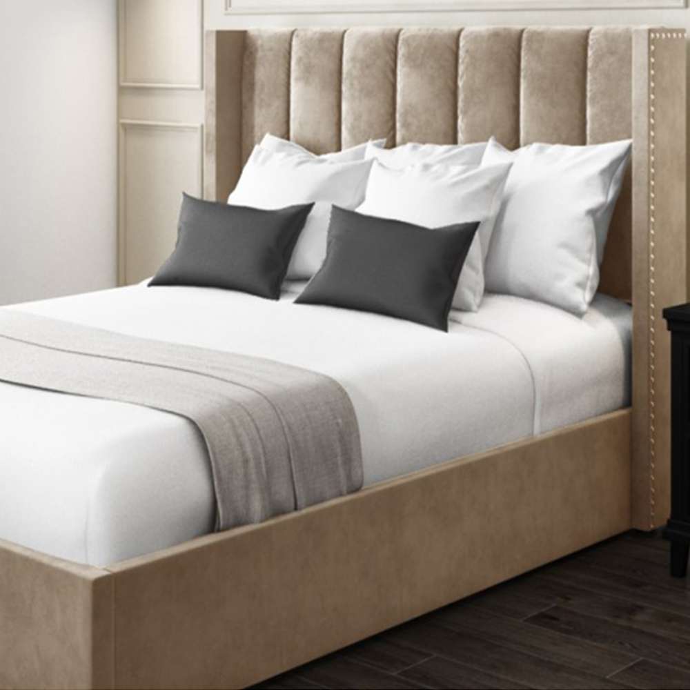Home Mart Beige Wing Back Velvet Bed