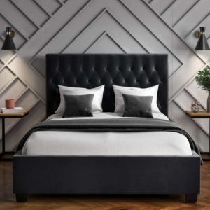 Home Mart Dark Grey Velvet Double Ottoman Bed with Chesterfield Headboard