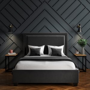 Home Mart Dark Grey Velvet King Size Ittoman Bed with Studded Headboard