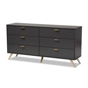Home Mart Dark Grey and Gold Finished 6-Drawer Dresser