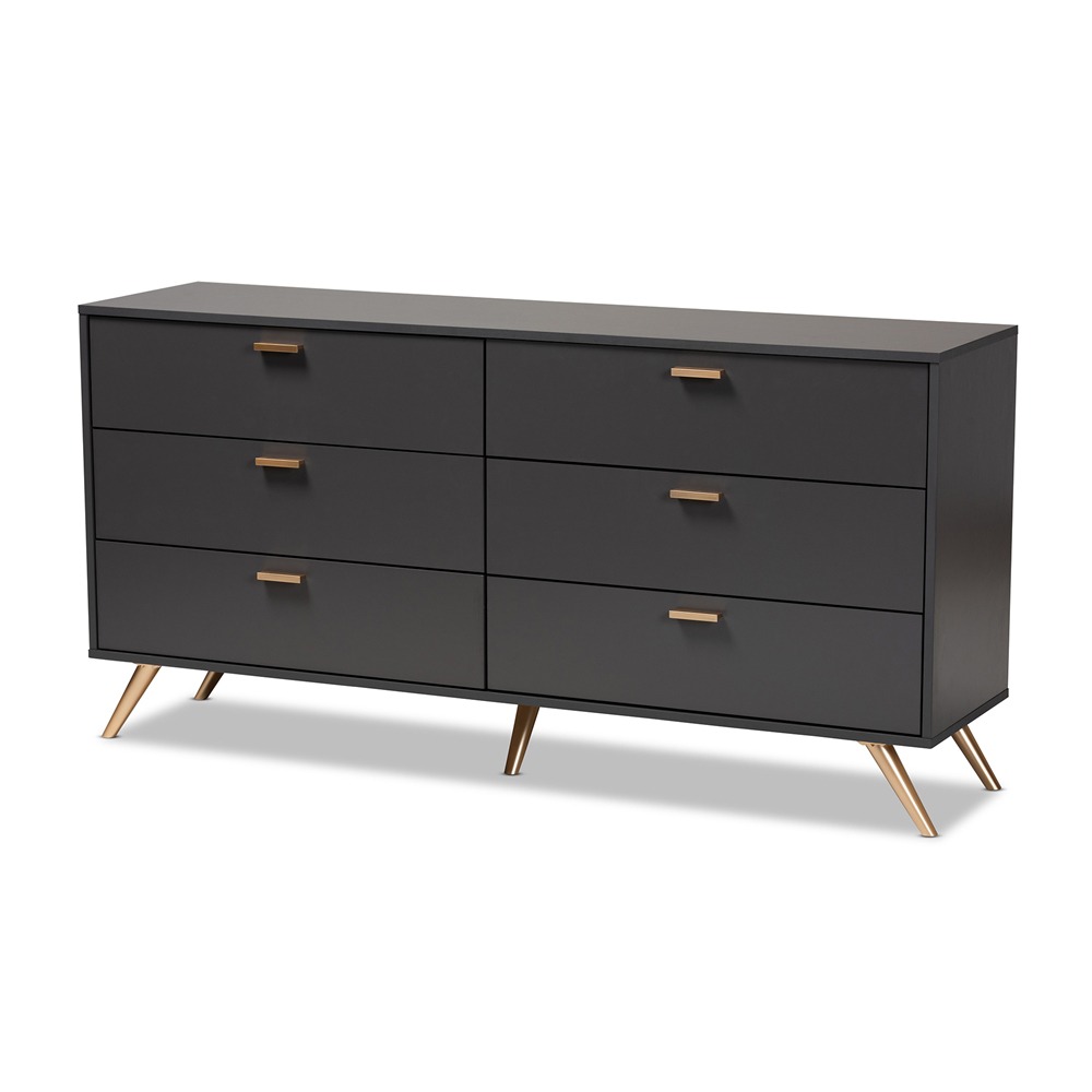 Home Mart Dark Grey and Gold Finished 6-Drawer Dresser
