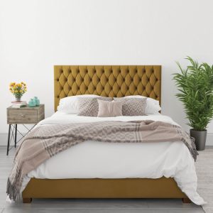 Home Mart Angel King Size Ottoman Bed in Deep Mustard Velvet