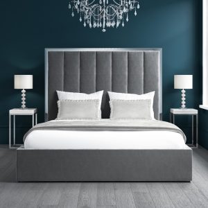Home Mart Grey Velvet Double Ottoman Bed with Tall Headboard