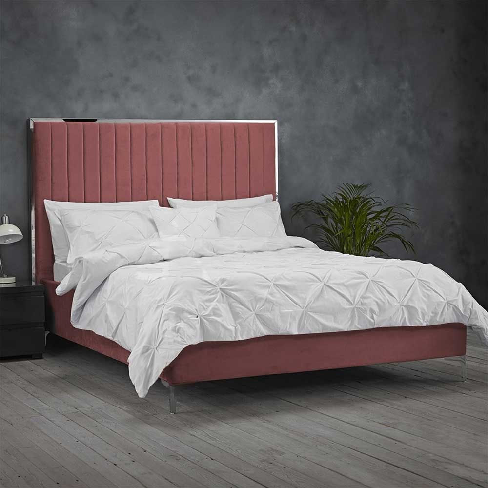 Home Mart Grey Velvet King Size Bed Frame with Mirrored Headboard - Image 3