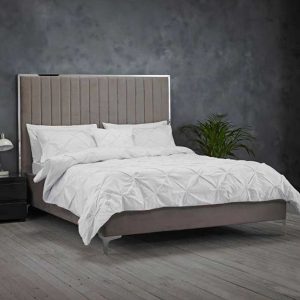 Home Mart Grey Velvet King Size Bed Frame with Mirrored Headboard