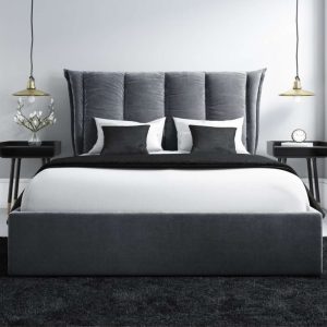 Home Mart Grey Velvet King Size Ottoman Bed with Cushioned Headboard