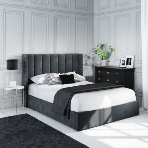Home Mart Grey Velvet Small Double Ottoman Bed with Winged Headboard