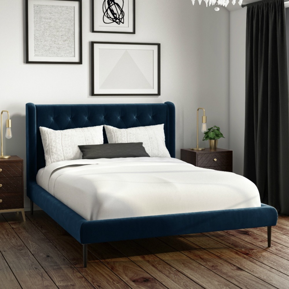 Home Mart Navy Velvet Small Double Bed Frame with Winged Headboard