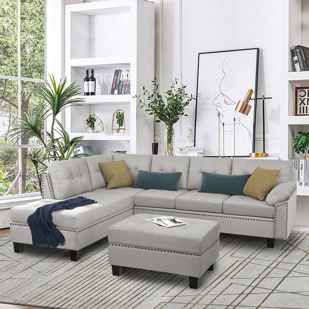 Home Mart Sectional Sofa Set with Chaise Lounge, Storage Ottoman