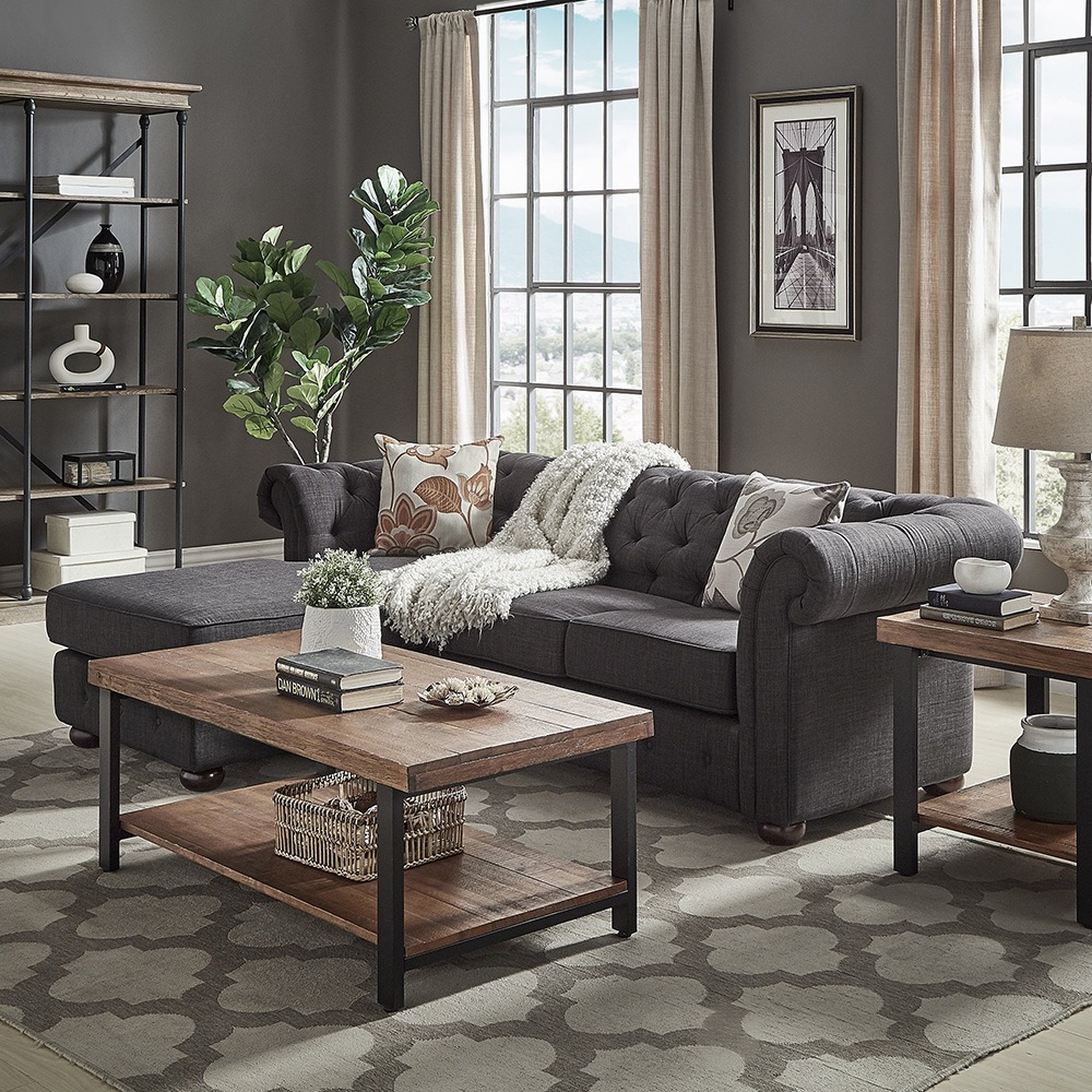 Home Mart Tufted Scroll Arm Chesterfield 3-Seat Sofa and Chaise