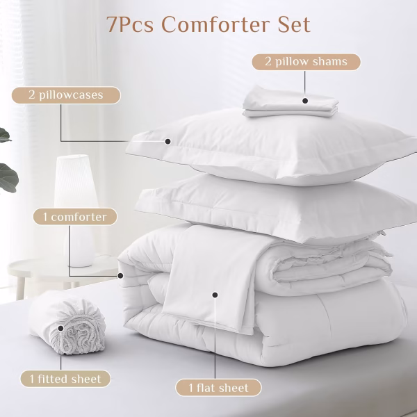 Home Mart Down Alternative 7pcs Comforter Set White – Ultra Soft Microfiber Duvet with 250GSM Filling – King Size 240x260 cm – Lightweight, Breathable & Hypoallergenic Bedding for All Seasons - Image 78