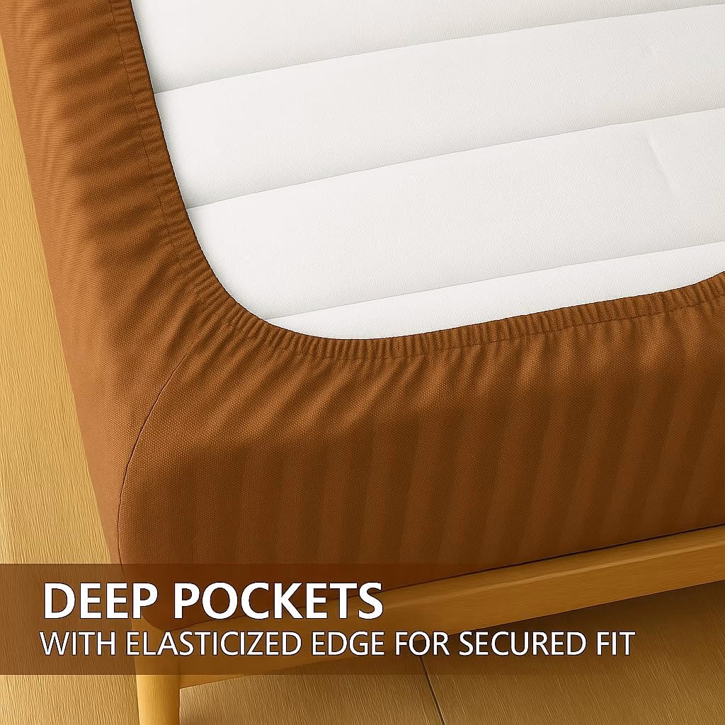 Home Mart Outlet Striped Microfiber Fitted Sheet Set – Double 120x200 cm – Brown Color – 1 Fitted Sheet & 2 Pillowcases (50x75 cm) – Deep Pocket, Soft, Durable, Wrinkle-Resistant Bedding Set - Image 6