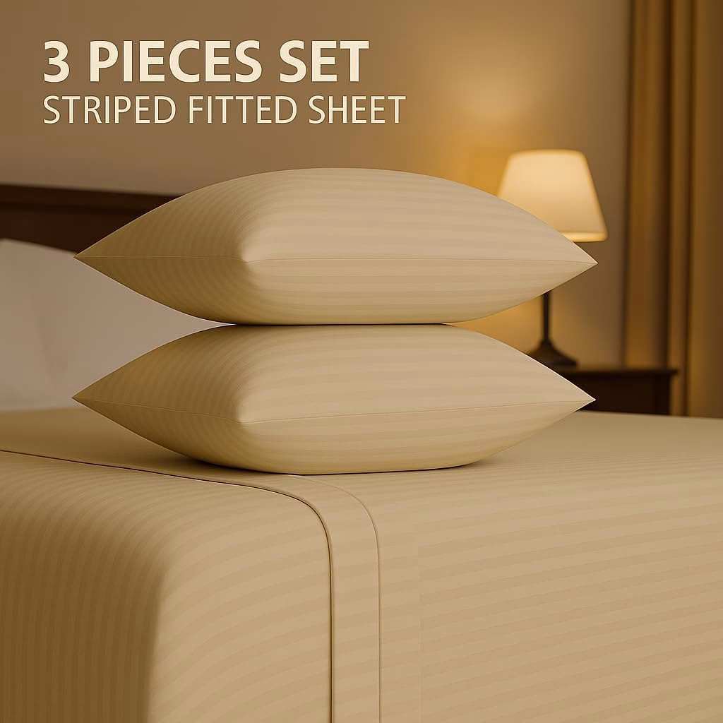 Home Mart Outlet Striped Microfiber Fitted Sheet Set – Double 120x200 cm – Beige Color – 1 Fitted Sheet & 2 Pillowcases (50x75 cm) – Deep Pocket, Soft, Durable, Wrinkle-Resistant Bedding Set - Image 3