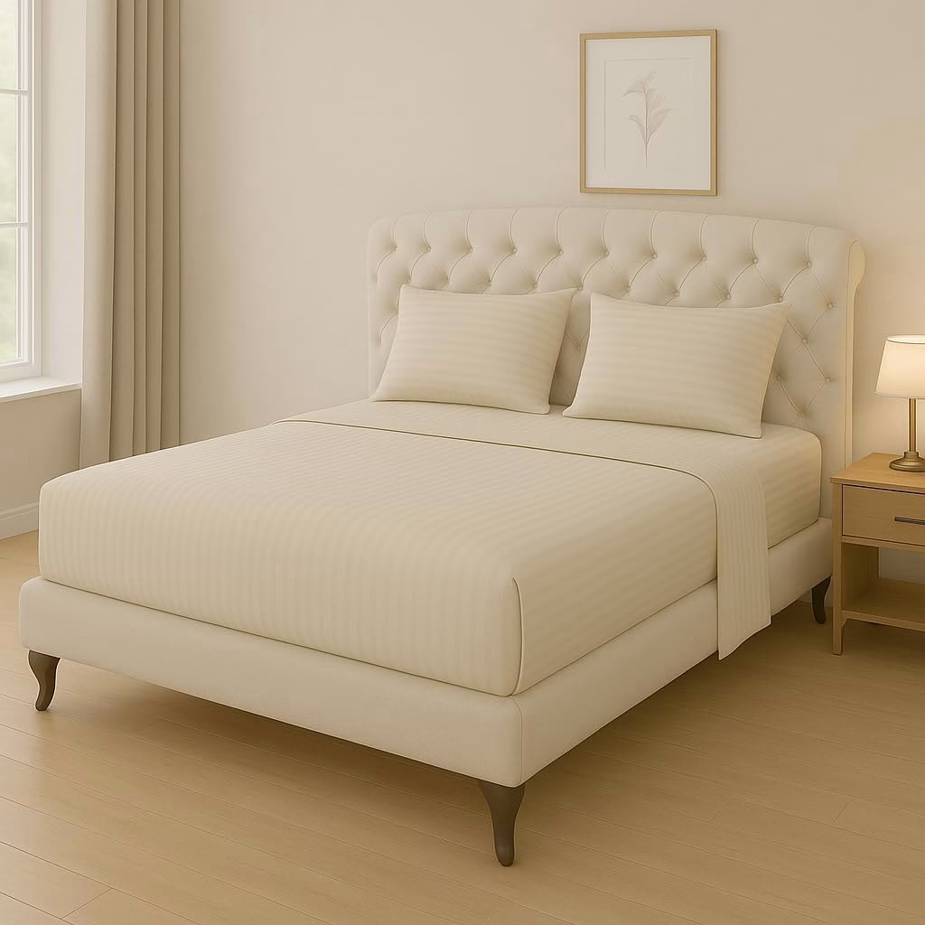 Home Mart Outlet Striped Microfiber Fitted Sheet Set – Double 120x200 cm – Cream Color – 1 Fitted Sheet & 2 Pillowcases (50x75 cm) – Deep Pocket, Soft, Durable, Wrinkle-Resistant Bedding Set - Image 2