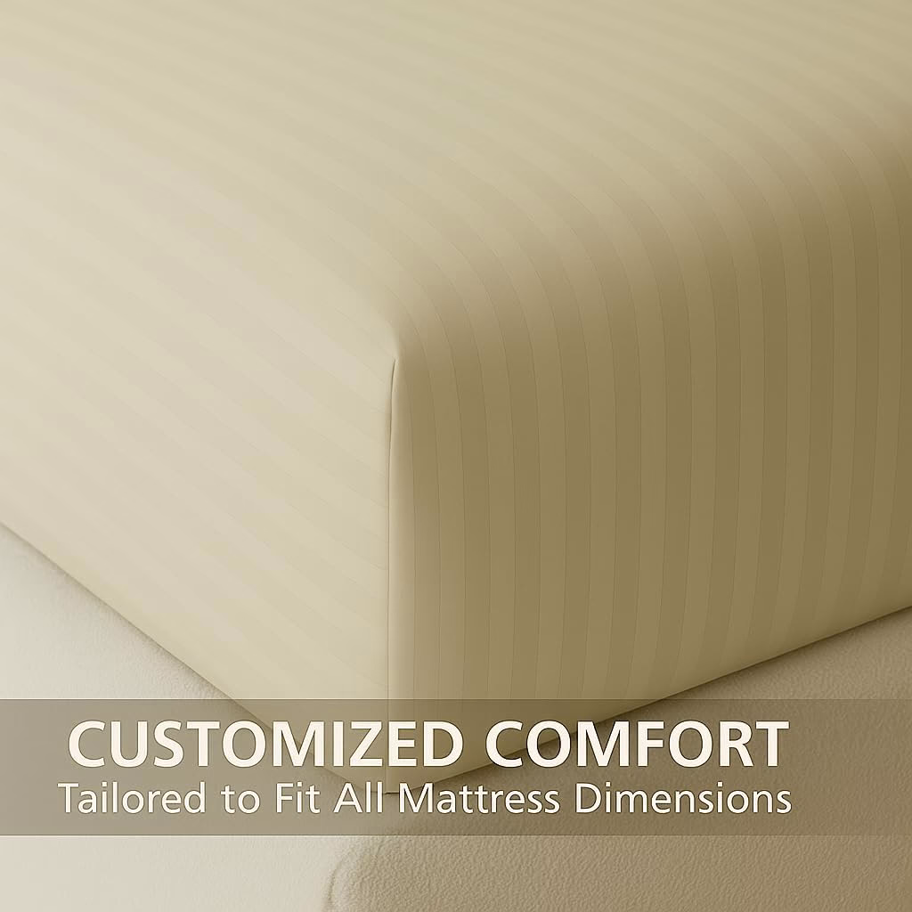 Home Mart Outlet Striped Microfiber Fitted Sheet Set – Double 120x200 cm – Cream Color – 1 Fitted Sheet & 2 Pillowcases (50x75 cm) – Deep Pocket, Soft, Durable, Wrinkle-Resistant Bedding Set - Image 4