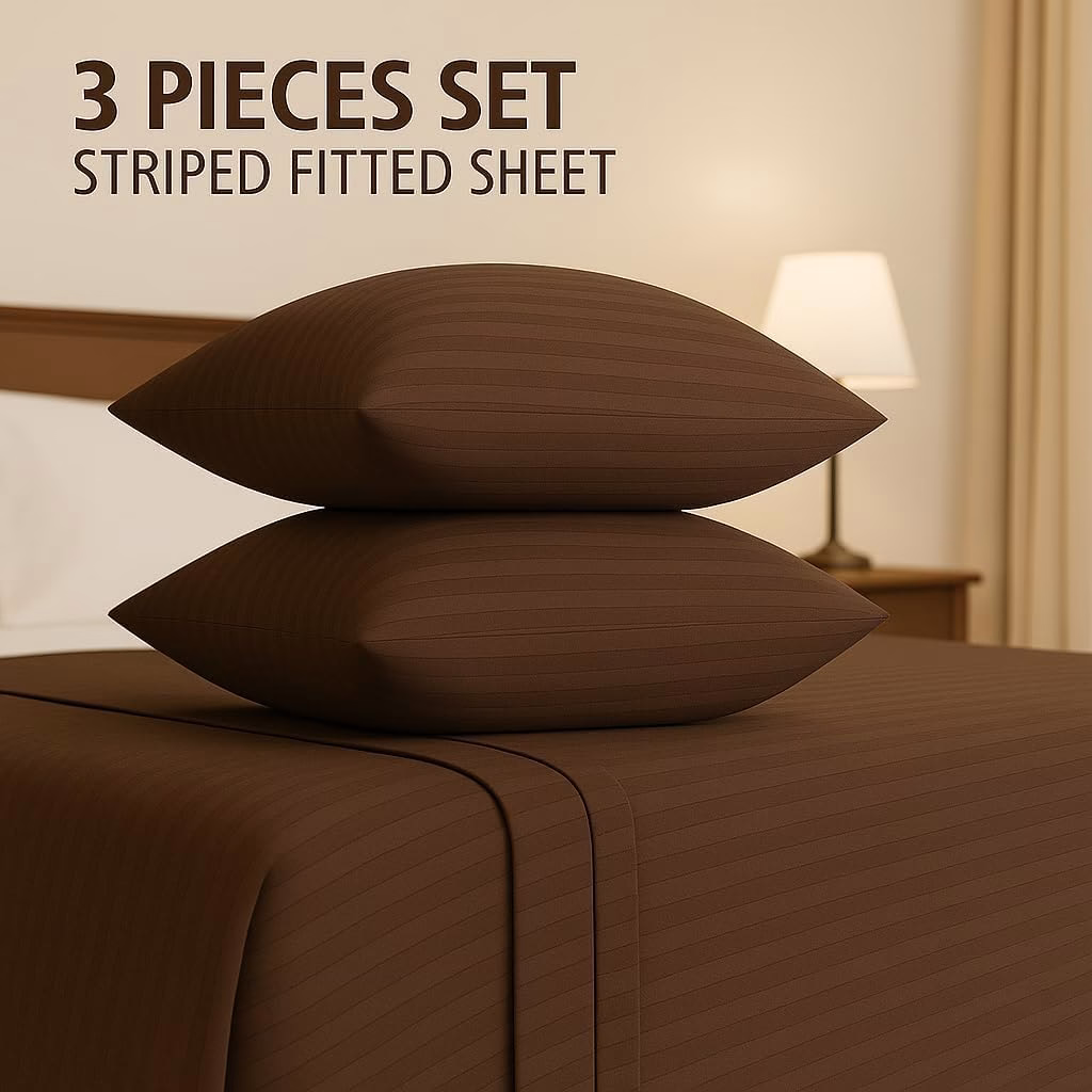 Home Mart Outlet Striped Microfiber Fitted Sheet Set – Double 120x200 cm – Chocolate Color – 1 Fitted Sheet & 2 Pillowcases (50x75 cm) – Deep Pocket, Soft, Durable, Wrinkle-Resistant Bedding Set - Image 2