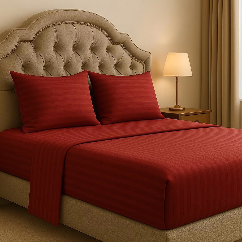 Home Mart Outlet Striped Microfiber Fitted Sheet Set – Double 120x200 cm – Dark Red Color – 1 Fitted Sheet & 2 Pillowcases (50x75 cm) – Deep Pocket, Soft, Durable, Wrinkle-Resistant Bedding Set - Image 4