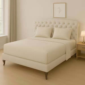 Home Mart Outlet Striped Microfiber Fitted Sheet Set – King 180x200 cm – Cream Color – 1 Fitted Sheet & 2 Pillowcases (50x75 cm) – Deep Pocket, Soft, Durable, Wrinkle-Resistant Bedding Set