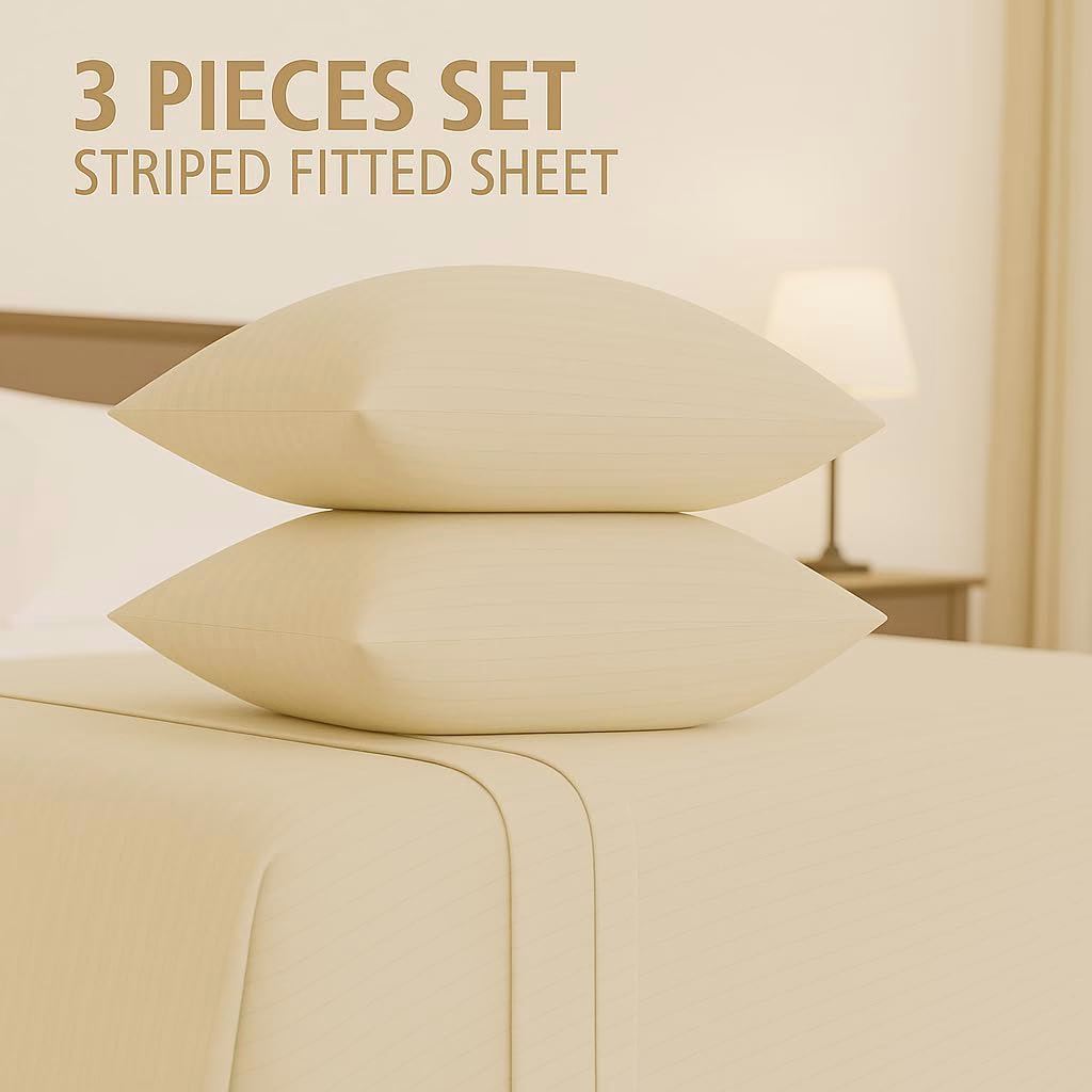 Home Mart Outlet Striped Microfiber Fitted Sheet Set – King 180x200 cm – Cream Color – 1 Fitted Sheet & 2 Pillowcases (50x75 cm) – Deep Pocket, Soft, Durable, Wrinkle-Resistant Bedding Set - Image 2