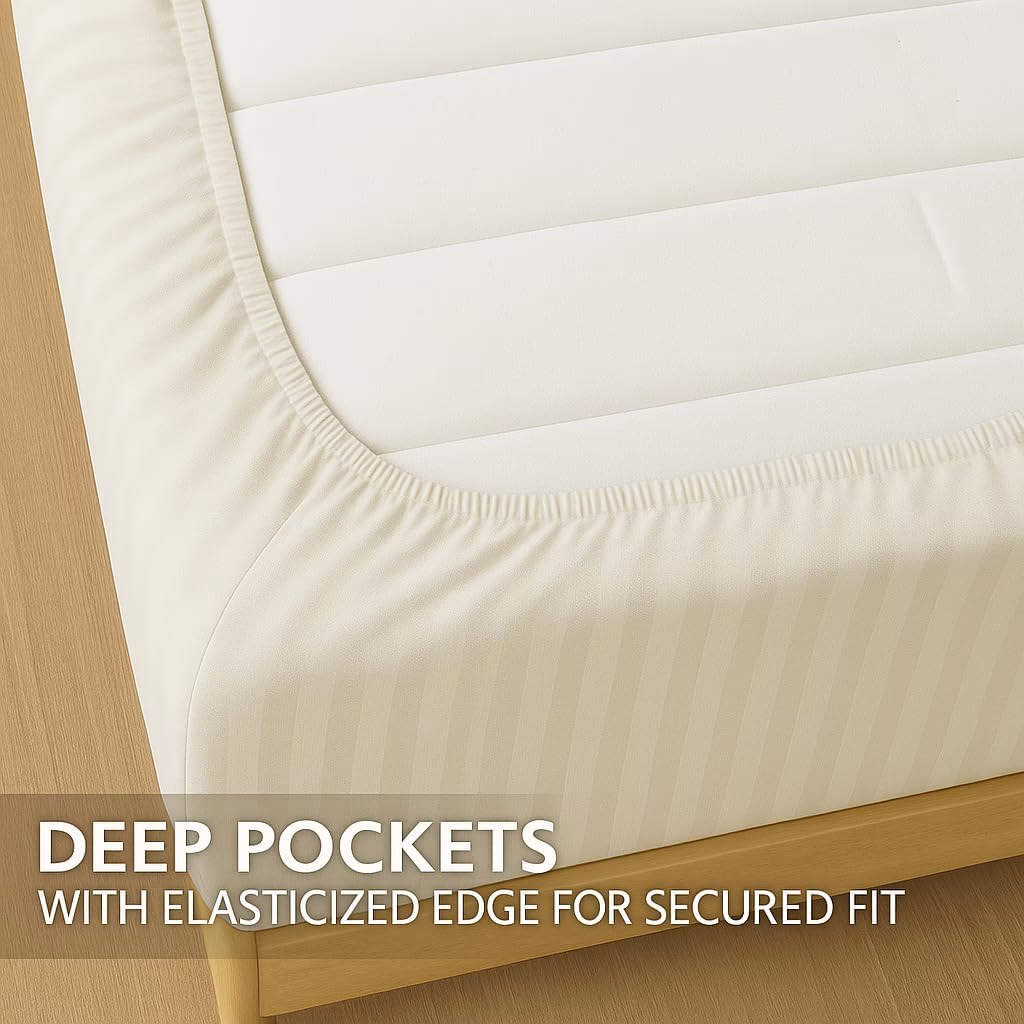 Home Mart Outlet Striped Microfiber Fitted Sheet Set – King 180x200 cm – Cream Color – 1 Fitted Sheet & 2 Pillowcases (50x75 cm) – Deep Pocket, Soft, Durable, Wrinkle-Resistant Bedding Set - Image 4