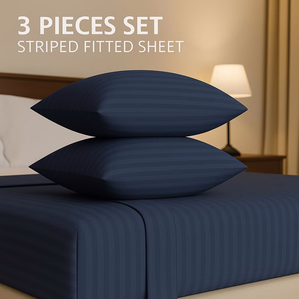 Home Mart Outlet Striped Microfiber Fitted Sheet Set – Queen 150x200 cm – Navy Blue Color – 1 Fitted Sheet & 2 Pillowcases (50x75 cm) – Deep Pocket, Soft, Durable, Wrinkle-Resistant Bedding Set - Image 62