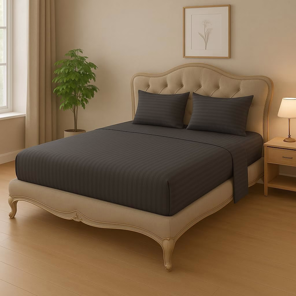 Home Mart Outlet Striped Microfiber Fitted Sheet Set – King 180x200 cm – Dark Gray Color – 1 Fitted Sheet & 2 Pillowcases (50x75 cm) – Deep Pocket, Soft, Durable, Wrinkle-Resistant Bedding Set