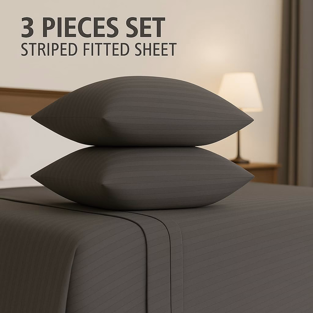 Home Mart Outlet Striped Microfiber Fitted Sheet Set – King 180x200 cm – Dark Gray Color – 1 Fitted Sheet & 2 Pillowcases (50x75 cm) – Deep Pocket, Soft, Durable, Wrinkle-Resistant Bedding Set - Image 2