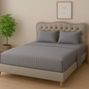 Home Mart Outlet Striped Microfiber Fitted Sheet Set – King 180x200 cm – Gray Color – 1 Fitted Sheet & 2 Pillowcases (50x75 cm) – Deep Pocket, Soft, Durable, Wrinkle-Resistant Bedding Set