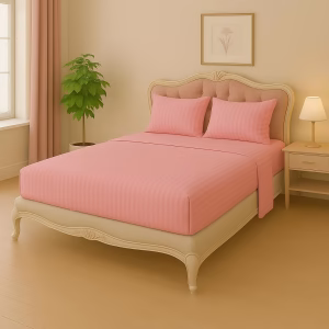 Home Mart Outlet Striped Microfiber Fitted Sheet Set – King 180x200 cm – Pink Color – 1 Fitted Sheet & 2 Pillowcases (50x75 cm) – Deep Pocket, Soft, Durable, Wrinkle-Resistant Bedding Set
