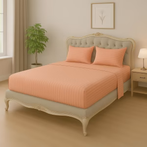 Home Mart Outlet Striped Microfiber Fitted Sheet Set – King 180x200 cm – Peach Color – 1 Fitted Sheet & 2 Pillowcases (50x75 cm) – Deep Pocket, Soft, Durable, Wrinkle-Resistant Bedding Set