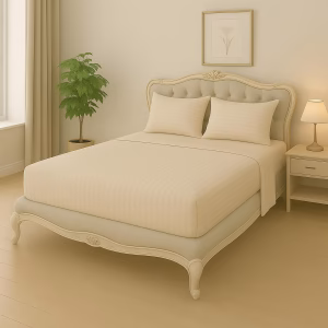 Home Mart Outlet Striped Microfiber Fitted Sheet Set – Queen 150x200 cm – Beige Color – 1 Fitted Sheet & 2 Pillowcases (50x75 cm) – Deep Pocket, Soft, Durable, Wrinkle-Resistant Bedding Set