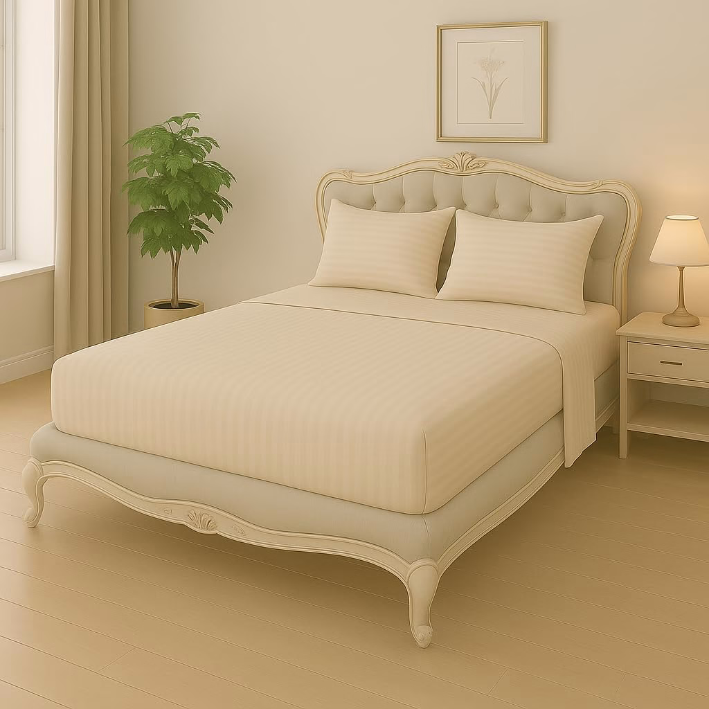 Home Mart Outlet Striped Microfiber Fitted Sheet Set – Queen 150x200 cm – Beige Color – 1 Fitted Sheet & 2 Pillowcases (50x75 cm) – Deep Pocket, Soft, Durable, Wrinkle-Resistant Bedding Set