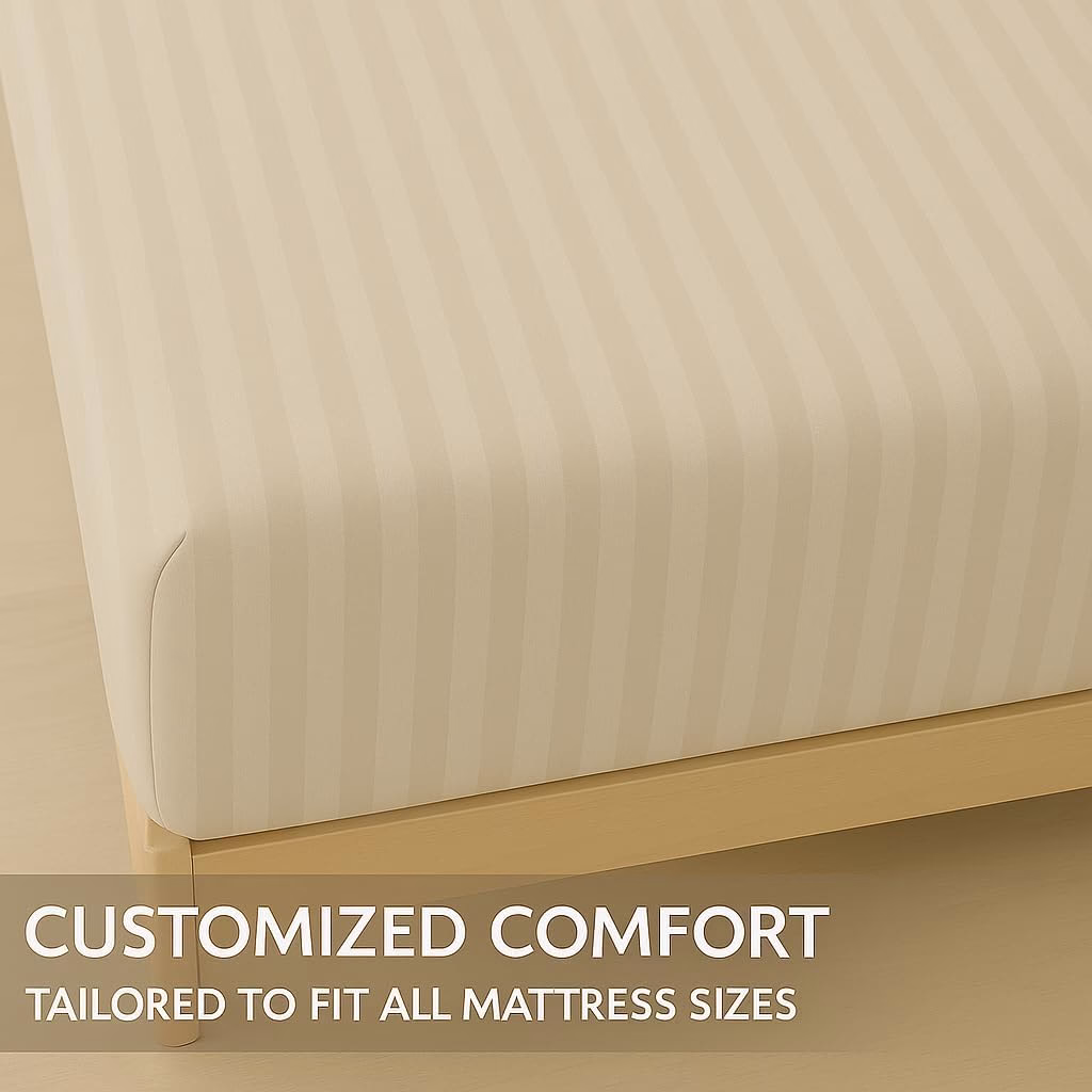 Home Mart Outlet Striped Microfiber Fitted Sheet Set – Queen 150x200 cm – Beige Color – 1 Fitted Sheet & 2 Pillowcases (50x75 cm) – Deep Pocket, Soft, Durable, Wrinkle-Resistant Bedding Set - Image 3