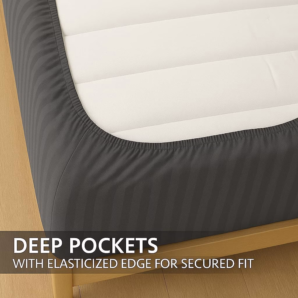 Home Mart Outlet Striped Microfiber Fitted Sheet Set – Queen 150x200 cm – Dark Gray Color – 1 Fitted Sheet & 2 Pillowcases (50x75 cm) – Deep Pocket, Soft, Durable, Wrinkle-Resistant Bedding Set - Image 5