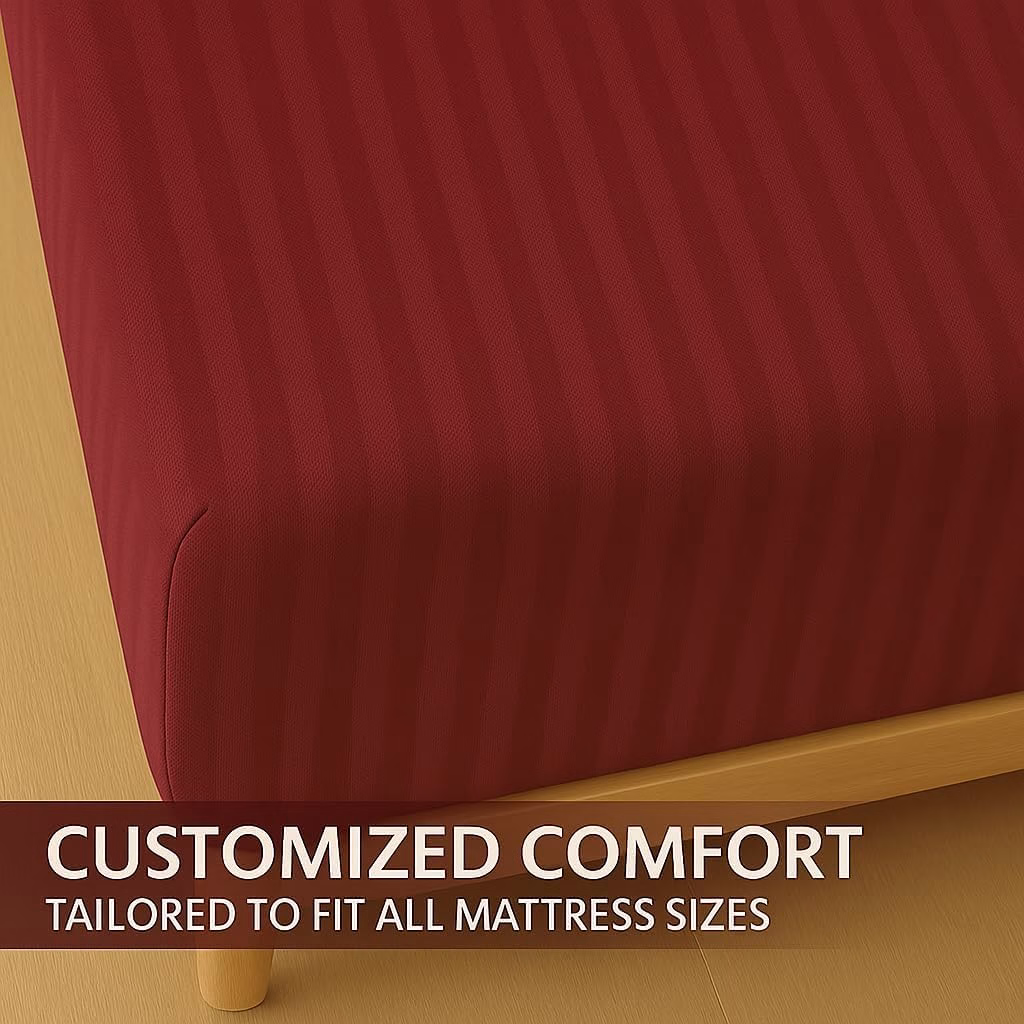 Home Mart Outlet Striped Microfiber Fitted Sheet Set – Queen 150x200 cm – Maroon Color – 1 Fitted Sheet & 2 Pillowcases (50x75 cm) – Deep Pocket, Soft, Durable, Wrinkle-Resistant Bedding Set - Image 4