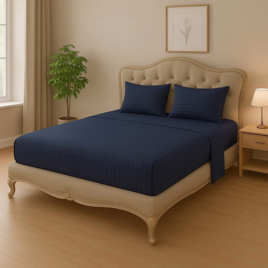 Home Mart Outlet Striped Microfiber Fitted Sheet Set – Queen 150x200 cm – Navy Blue Color – 1 Fitted Sheet & 2 Pillowcases (50x75 cm) – Deep Pocket, Soft, Durable, Wrinkle-Resistant Bedding Set