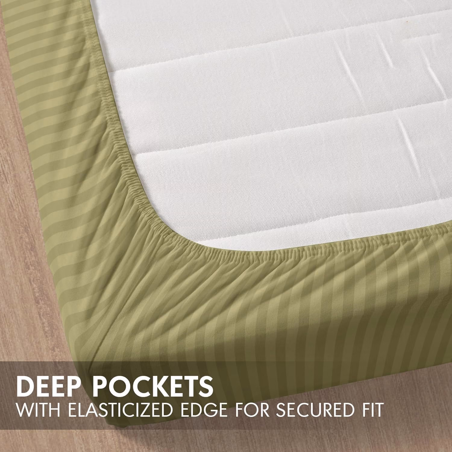 Home Mart Outlet Striped Microfiber Fitted Sheet Set – Queen 150x200 cm – Olive Green Color – 1 Fitted Sheet & 2 Pillowcases (50x75 cm) – Deep Pocket, Soft, Durable, Wrinkle-Resistant Bedding Set - Image 6