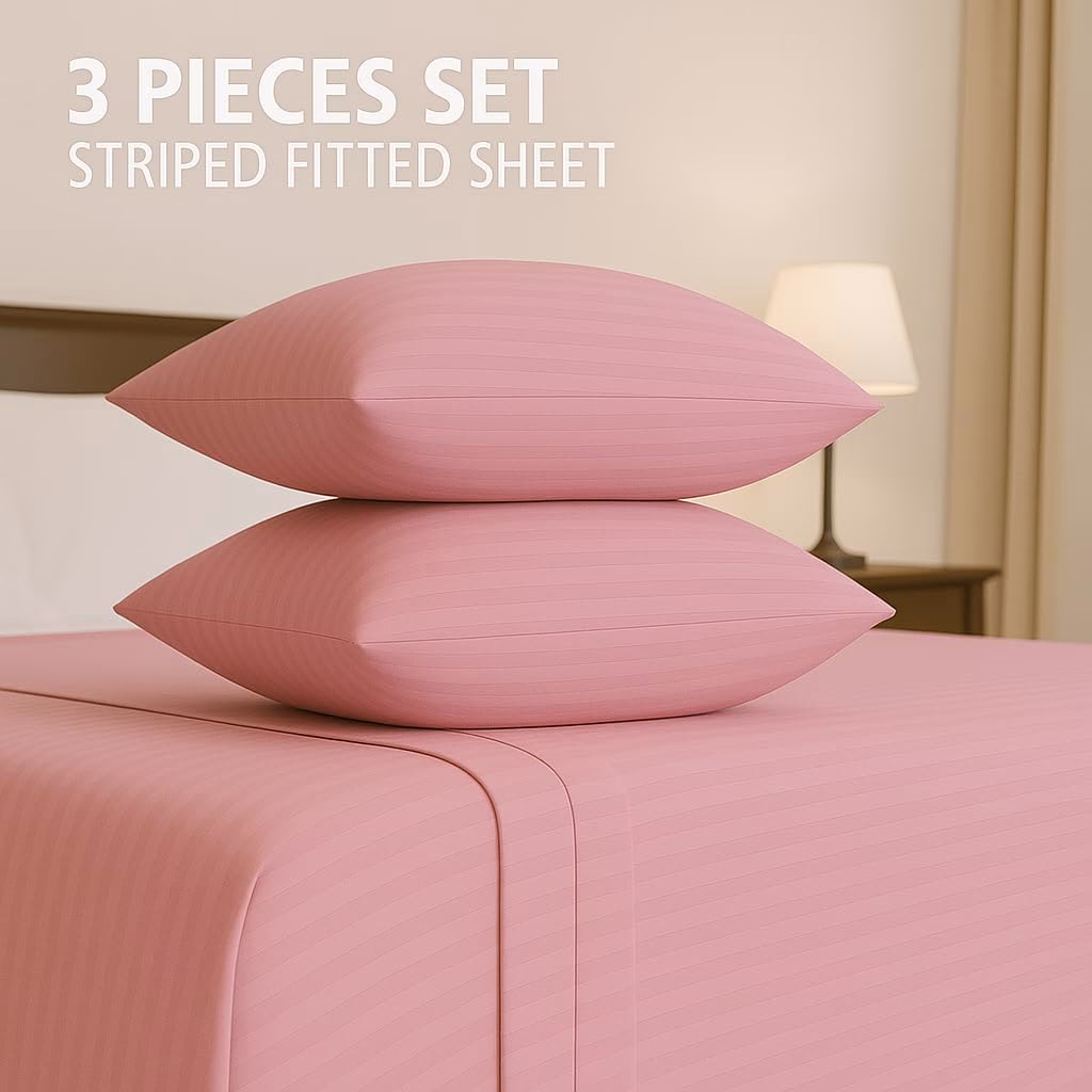 Home Mart Outlet Striped Microfiber Fitted Sheet Set – Queen 150x200 cm – Pink Color – 1 Fitted Sheet & 2 Pillowcases (50x75 cm) – Deep Pocket, Soft, Durable, Wrinkle-Resistant Bedding Set - Image 2